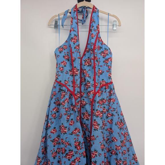 NWT Anthropologie Halter V-Neck Fit & Flare Midi Dress Sz XL Blue Floral #8E513 - Picture 4 of 11